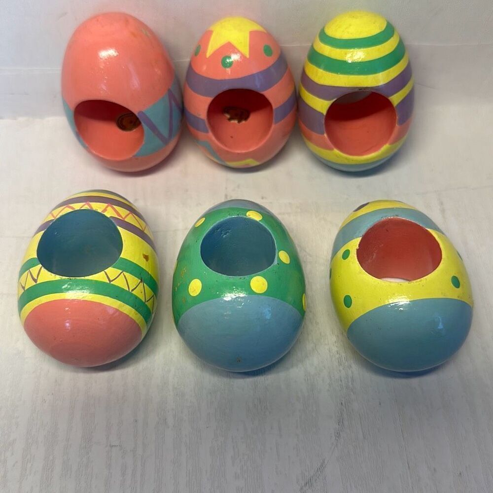 Vintage‎ Hand-painted Wooden Easter Egg Napkin Rings Pastel lot of 6 Pink Blue